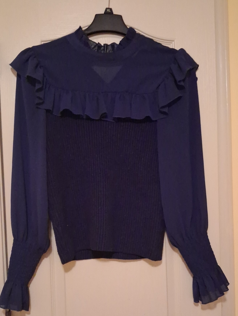 Ruffle Yoke Navy Blouse with Knit Body